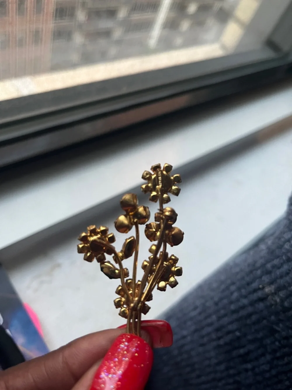 Blue Crystal Floral Brooch - Gold Tone signed makers, mark TBD